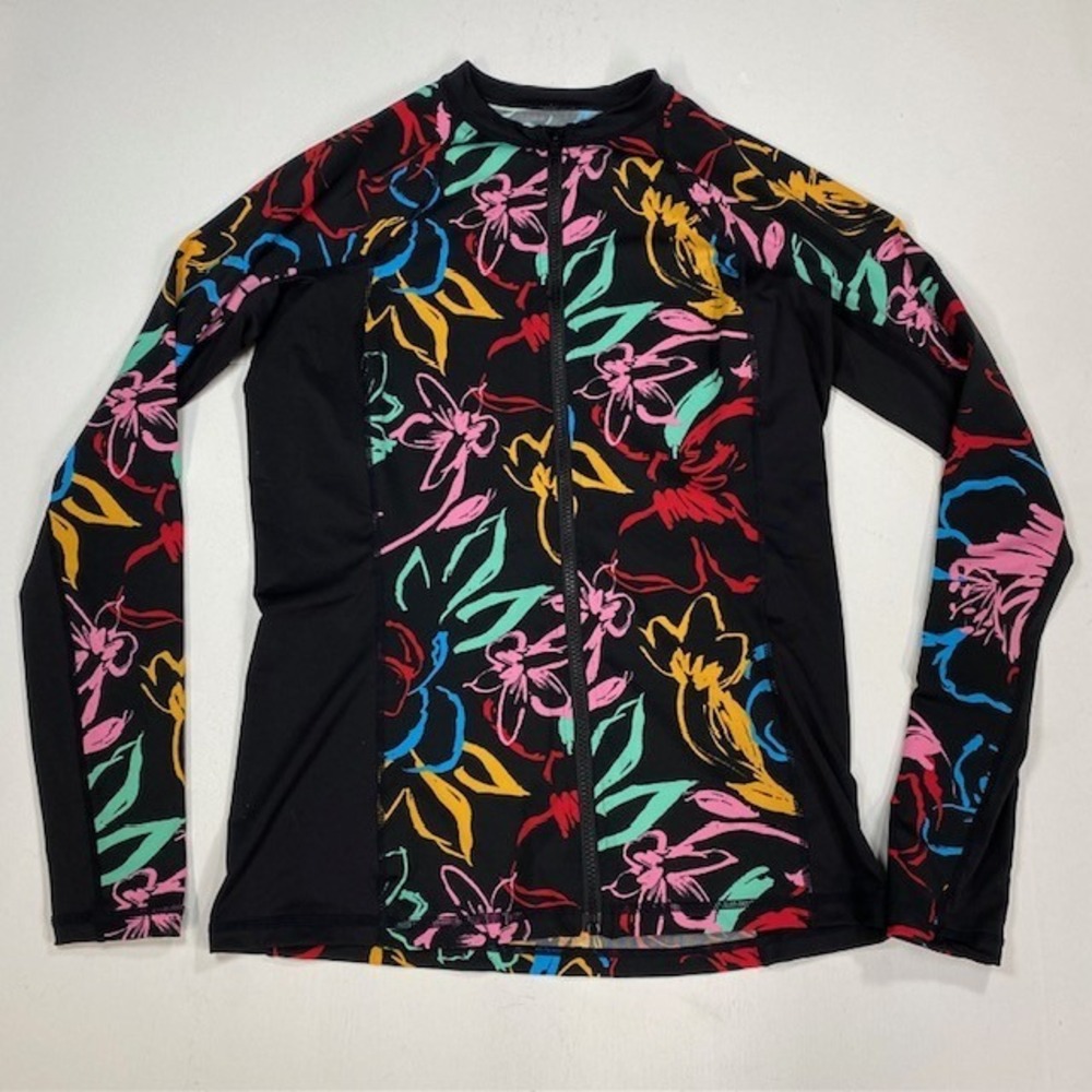 Hurley Black Floral Zip-Up Rash Guard with Multicolor Print